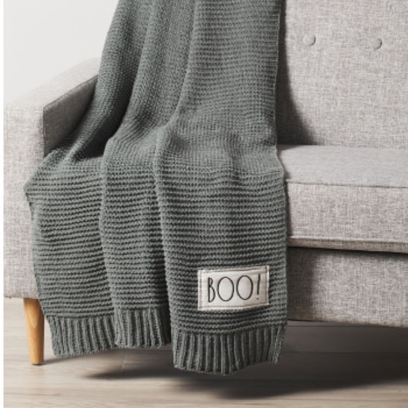 Rae Dunn Other - 🎃👻 NWT Rae Dunn “BOO!” Ghost Gray Ribbed Throw Blanket w/ Patch Goth Spooky LL